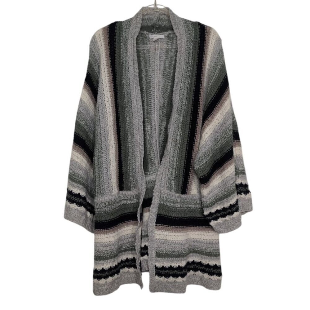 Cato Stripe Knit Cardigan Womens Size XL Green Neutral Long Sleeve Open Sweater